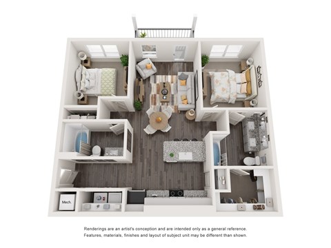 Floor plan for 2 beds, 2 baths, 1050 sqft